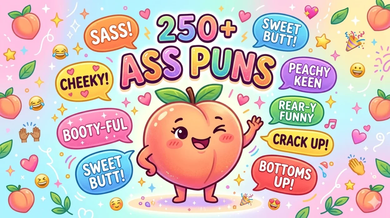 funny ass puns featured image with cute peach cartoon and cheeky captions