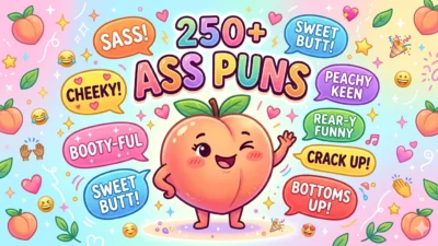 funny ass puns featured image with cute peach cartoon and cheeky captions