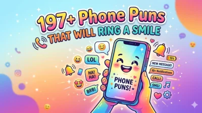 Colorful illustration of a smiling smartphone with emojis, chat bubbles, and notifications, representing funny phone puns and humorous mobile jokes.