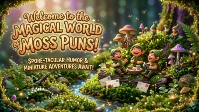 Whimsical miniature moss forest scene with tiny gnome-like characters laughing around a log table, surrounded by mushrooms, glowing lights, and a magical “Moss Puns” title.