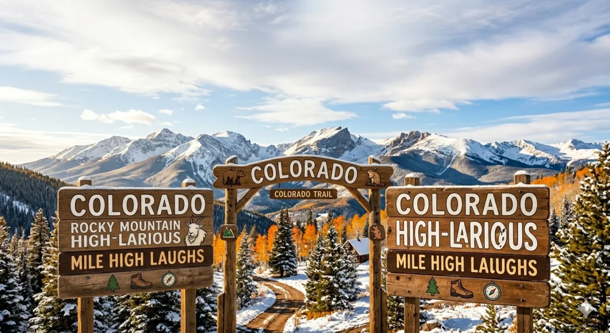 Scenic Colorado Rocky Mountains with funny pun captions, perfect feature image for Colorado puns and jokes blog post