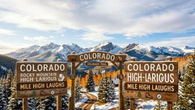 Scenic Colorado Rocky Mountains with funny pun captions, perfect feature image for Colorado puns and jokes blog post