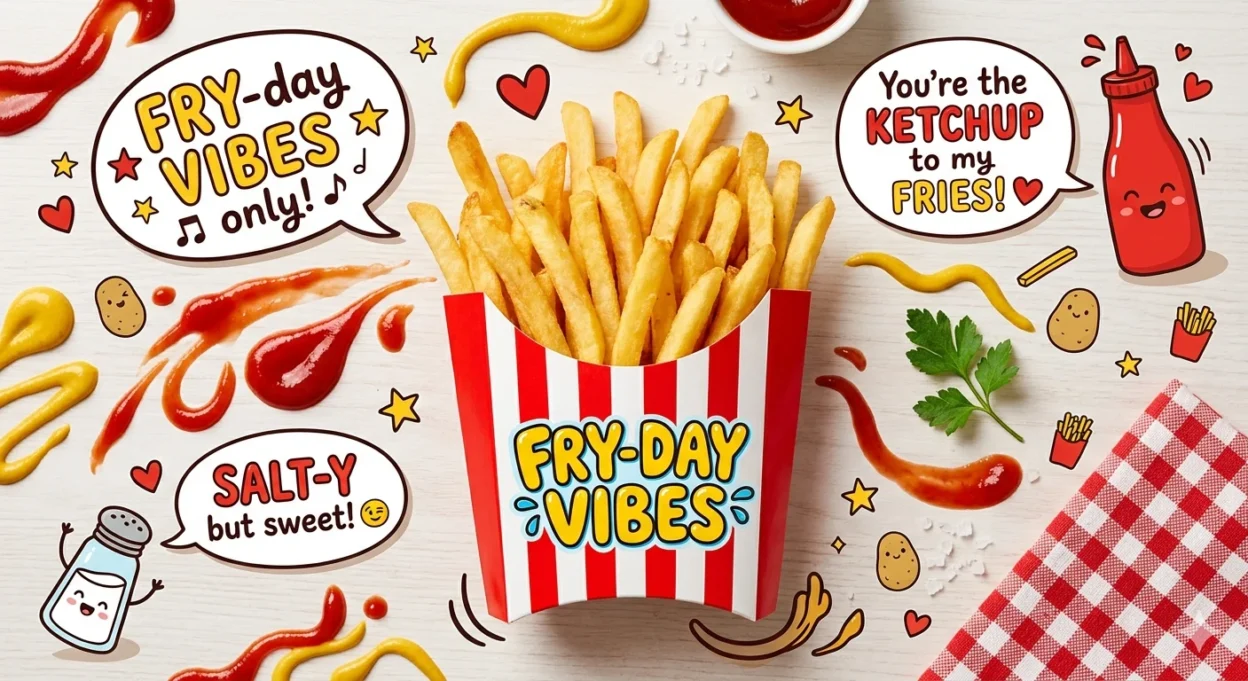 Crispy golden French fries with ketchup and funny pun captions, perfect feature image for French fry puns blog post