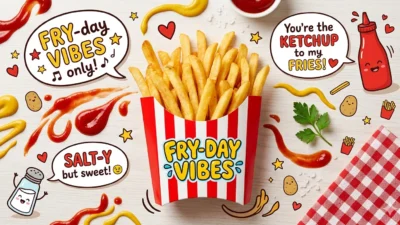 Crispy golden French fries with ketchup and funny pun captions, perfect feature image for French fry puns blog post